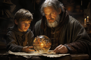 Boy and man looking at a crystal ball