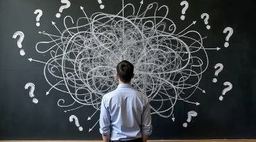 Man with question marks around him